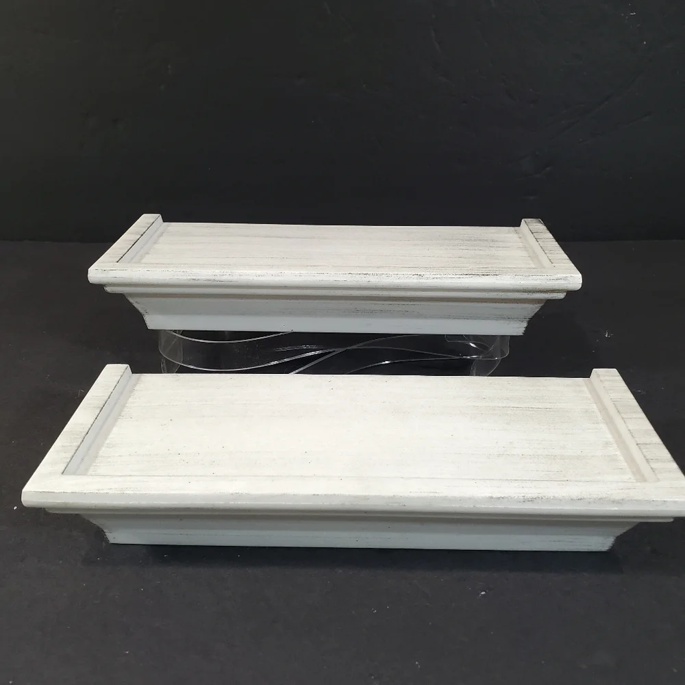 2 Distressed White Resin Floating Wall Shelves w Hanging Hooks Home Decor Accent
